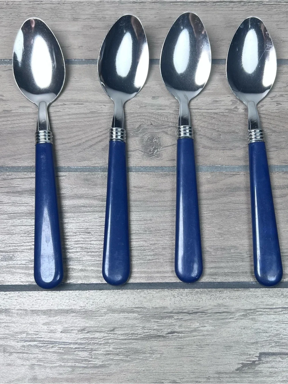 Gibson Vintage Flatware Blue Plastic Handle Tablespoons Soup Spoons Set of 4 Y2K